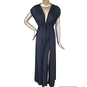 Talia black stretch plunge front and back maxi dress. Braided trim detail